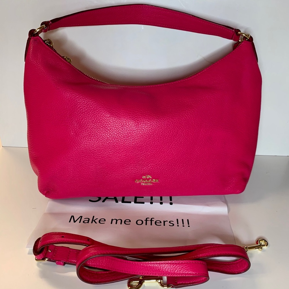 Coach East/west Harley hobo with pebble leather crossbody strap, color fuchsia